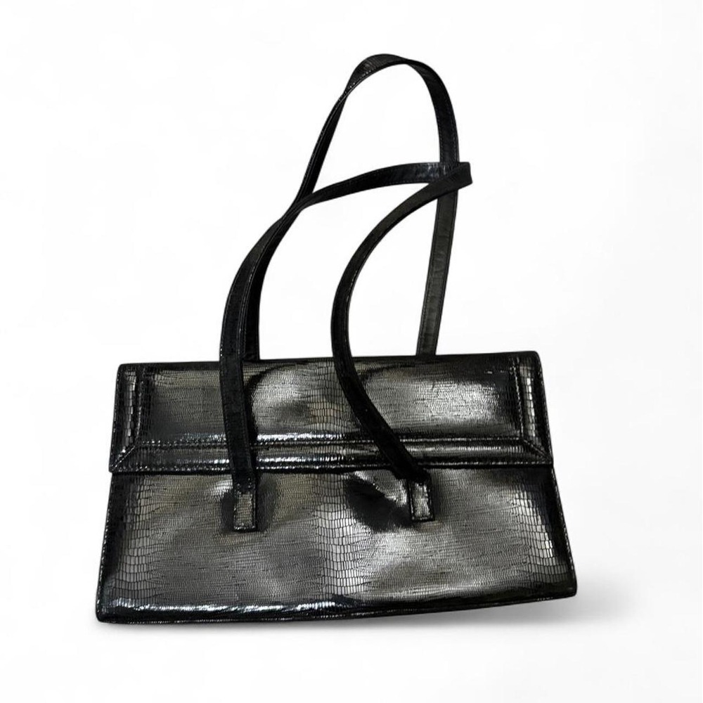 Stuart Weitzman Vintage 90s Baguette Black Reptile Embossed East West